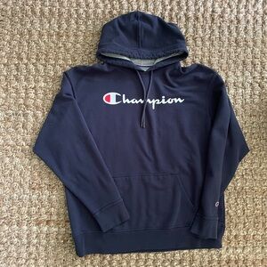 Champion Powerblend Hoodie Navy Blue XL Logo Pullover Sweatshirt GF89H